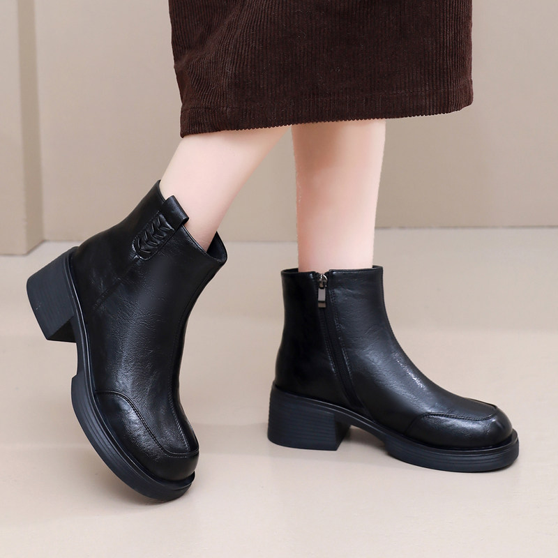 真皮加绒保暖马丁靴棉靴秋冬新款中跟女短靴宽脚舒适不累脚及踝靴,女鞋,马丁靴,淘宝优惠券,粉丝福利购,淘宝优惠卷