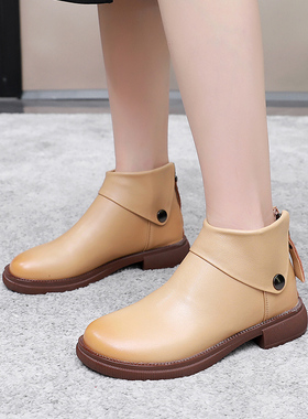 英伦风灰色皮靴女2025新款平跟春秋真皮单靴百搭加绒棉靴小短靴