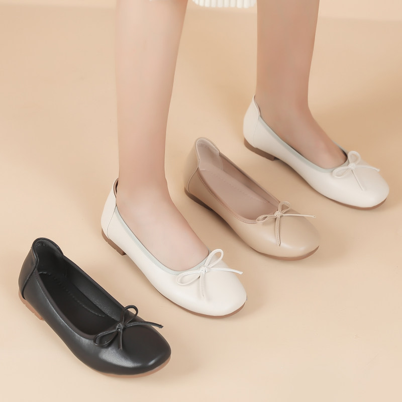 真皮圆头平底浅口单鞋大码护士鞋皮鞋蝴蝶结软底舒适通勤鞋豆豆鞋,女鞋,浅口单鞋,淘宝优惠券,粉丝福利购,淘宝优惠卷