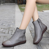 女靴短筒平底靴子妈妈鞋 秋冬季 平跟短靴加绒真皮棉靴软底圆头大码