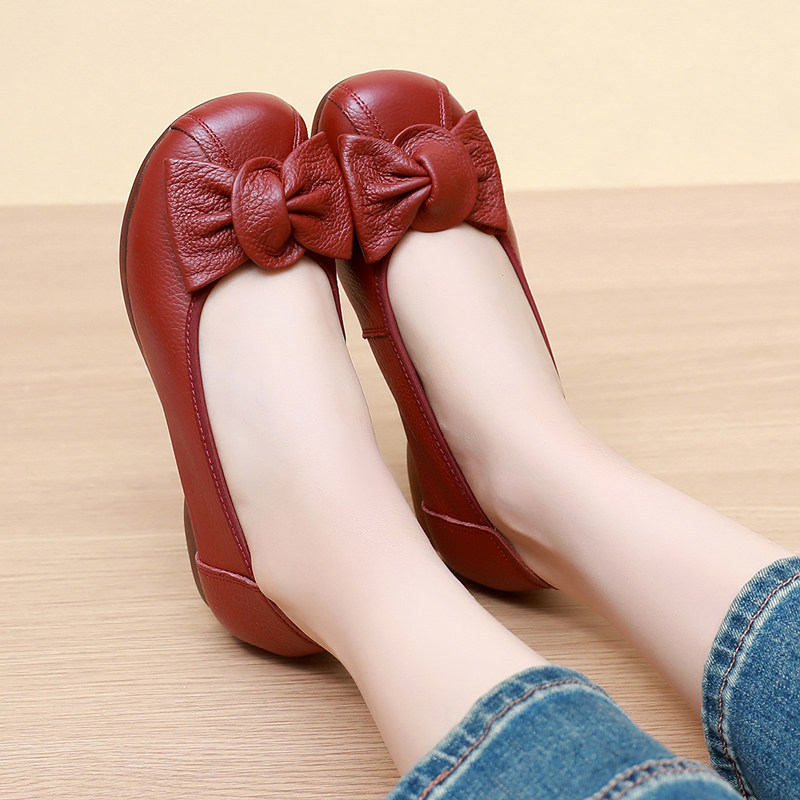 真皮红色豆豆鞋圆头浅口透气单鞋春夏新款平底工作鞋大码妈妈鞋43,女鞋,浅口单鞋,淘宝优惠券,粉丝福利购,淘宝优惠卷