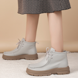 黄色真皮女短靴2025秋冬厚底显瘦踝靴防滑真皮加绒系带棉靴雪地鞋