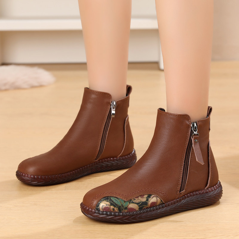 民族风妈妈鞋真皮软底大码短靴加厚羊毛棉靴秋冬31平底女靴小码33,女鞋,马丁靴,淘宝优惠券,粉丝福利购,淘宝优惠卷