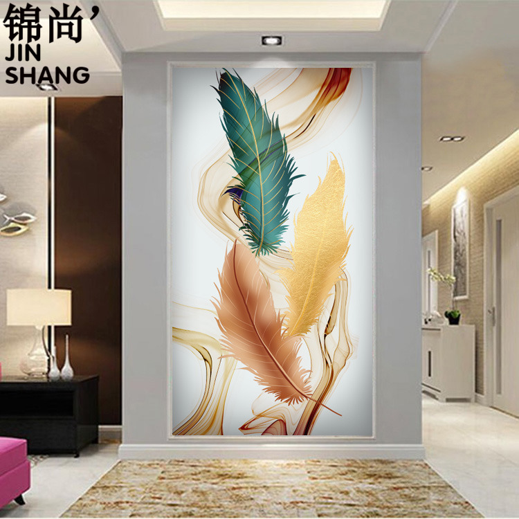 3d现代简约玄关艺术彩色金箔金色羽毛壁纸走廊过道竖版背景墙壁画