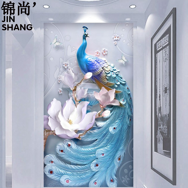 欧式竖版玄关走廊过道背景墙壁纸3d立体孔雀墙纸装饰壁画无缝墙布图片