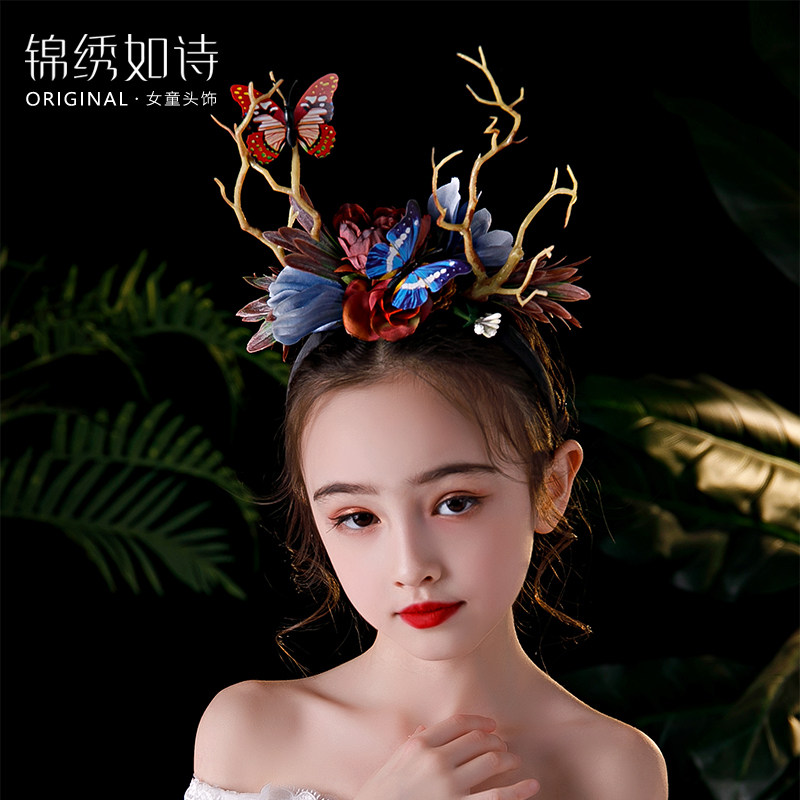 新款儿童头饰森系女孩花朵蝴蝶鹿角发箍舞台演出走秀影楼摄影饰品