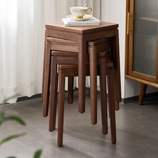 北美黑胡桃木餐桌凳子可叠放家用客厅实木方凳现代简约饭厅高板凳