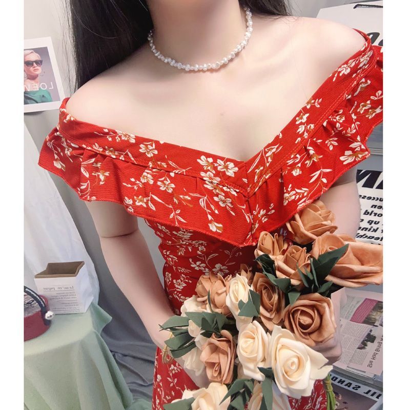 吊带连衣裙设计感女神范覆古碎花包臀长裙气质超仙红色无袖荷叶边