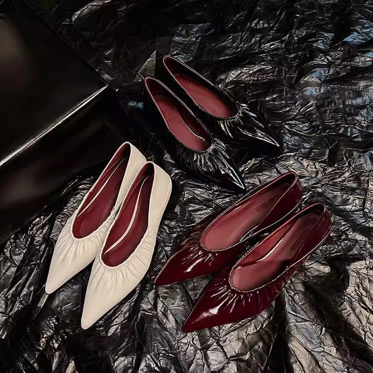 羊皮版法式尖头百搭浅口单鞋2025春夏新款褶皱气质坡跟奶奶鞋女士 - 奈野 原创女鞋出品