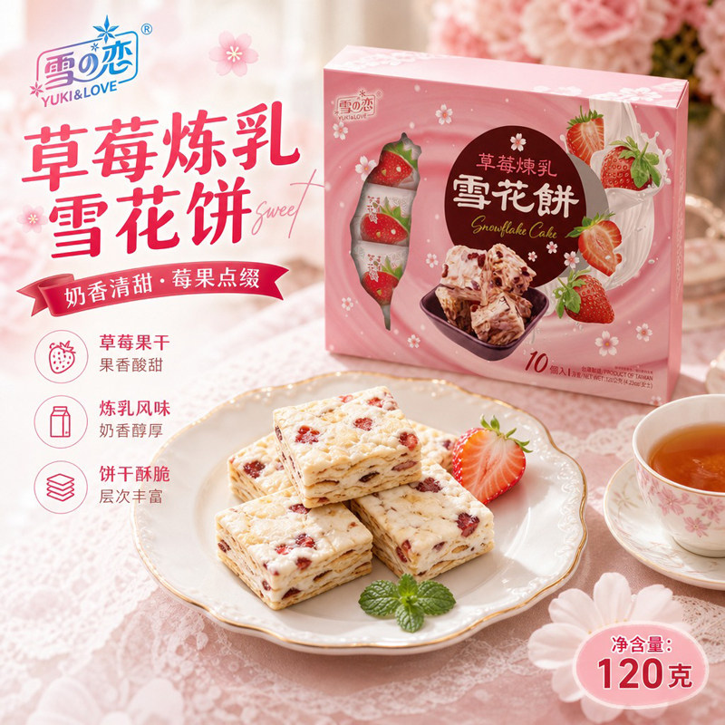 雪之恋草莓炼乳雪花饼120g盒装台湾伴手礼儿童老人解馋休闲小零食