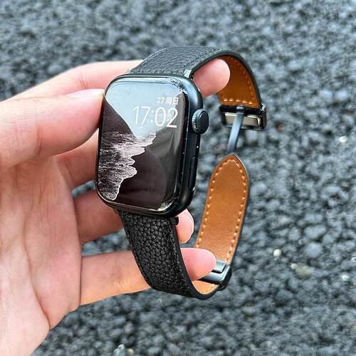 MeicoolTime全皮荔枝纹磁吸扣手表带适用苹果iwatchS10Applewatch