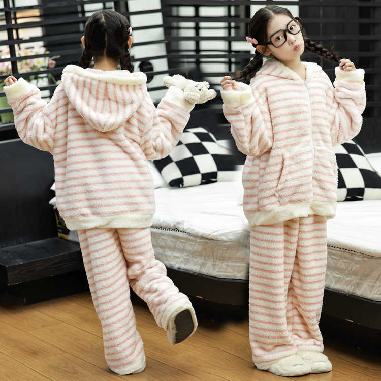 女童冬季家居服2025新款半边绒珊瑚绒加厚保暖大童女孩睡衣套装冬