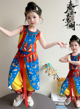 女童民族风演出服夏季汉服套装女宝宝六一中国风表演服系带两件套