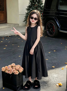 女童黑色拼接无袖背心连衣裙2026新款儿童装中大童女孩夏装A字裙