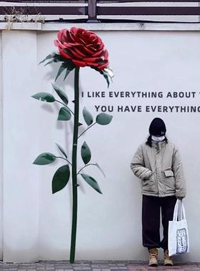 玻璃钢巨型仿真玫瑰花雕塑网红打卡墙面装饰商场不锈钢花朵摆件品