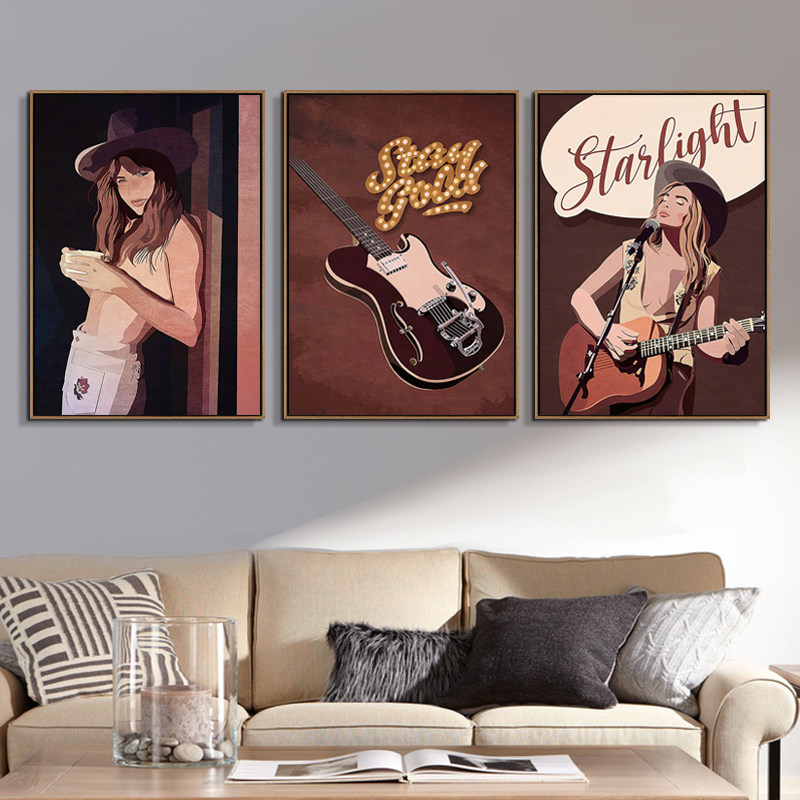 北欧牛仔艺术女装饰画夏天清新音乐吉他墙壁挂画沙发酒吧店铺女人