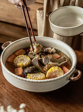 双耳碗复古日式粗陶双耳龙虾大碗防烫手汤碗景德镇同款高颜值菜碗