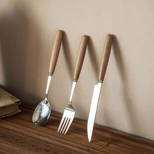 ins餐具简约刀叉勺三件套装不锈钢木质柄西餐餐具高颜值甜品勺子