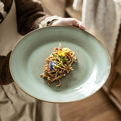 浅盘日式复古风家用淡绿陶瓷盘子