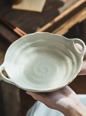 粗陶日式双耳碗复古双耳盘盘子汤盘碗菜碗brunch餐盘汤碗陶瓷餐具