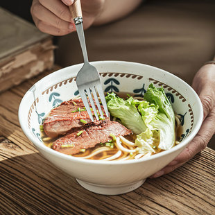面碗陶瓷大汤碗面条斗笠碗麻辣烫大碗浮雕高脚碗复古碗家用泡面碗