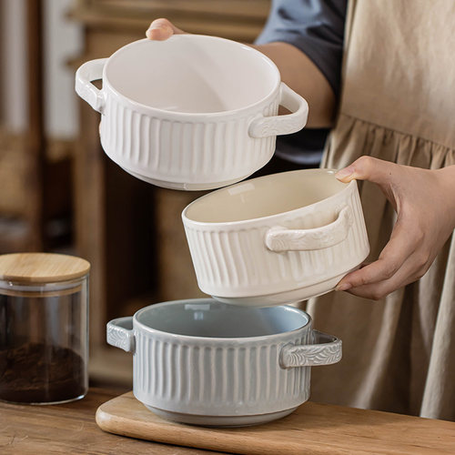 双耳碗奶油风创意加大加厚陶瓷碗