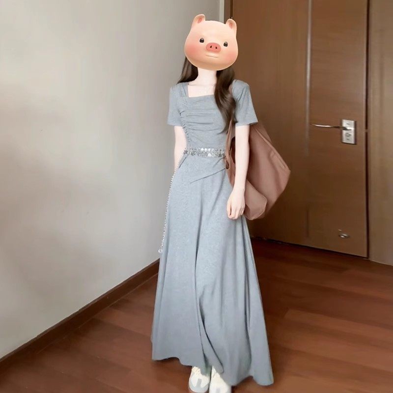 2025新款小个子慵懒风灰色连衣裙子女夏季法式感穿搭长裙套装