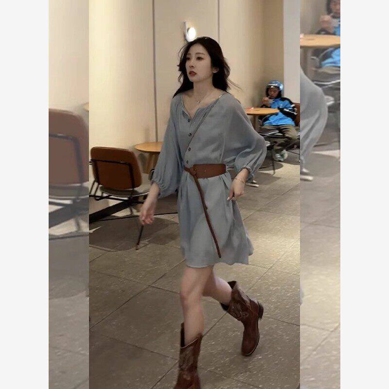 法国夏季高级女士长袖连衣裙小个子新款式茶歇式超好腰裙