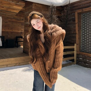 美拉德穿搭大翻毛领毛衣外套女秋冬季加厚保暖慵懒风针织开衫上衣