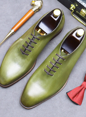 夏天欧洲站整张牛皮高级感土黄色商务皮鞋男浅绿色纯皮牛津鞋子潮
