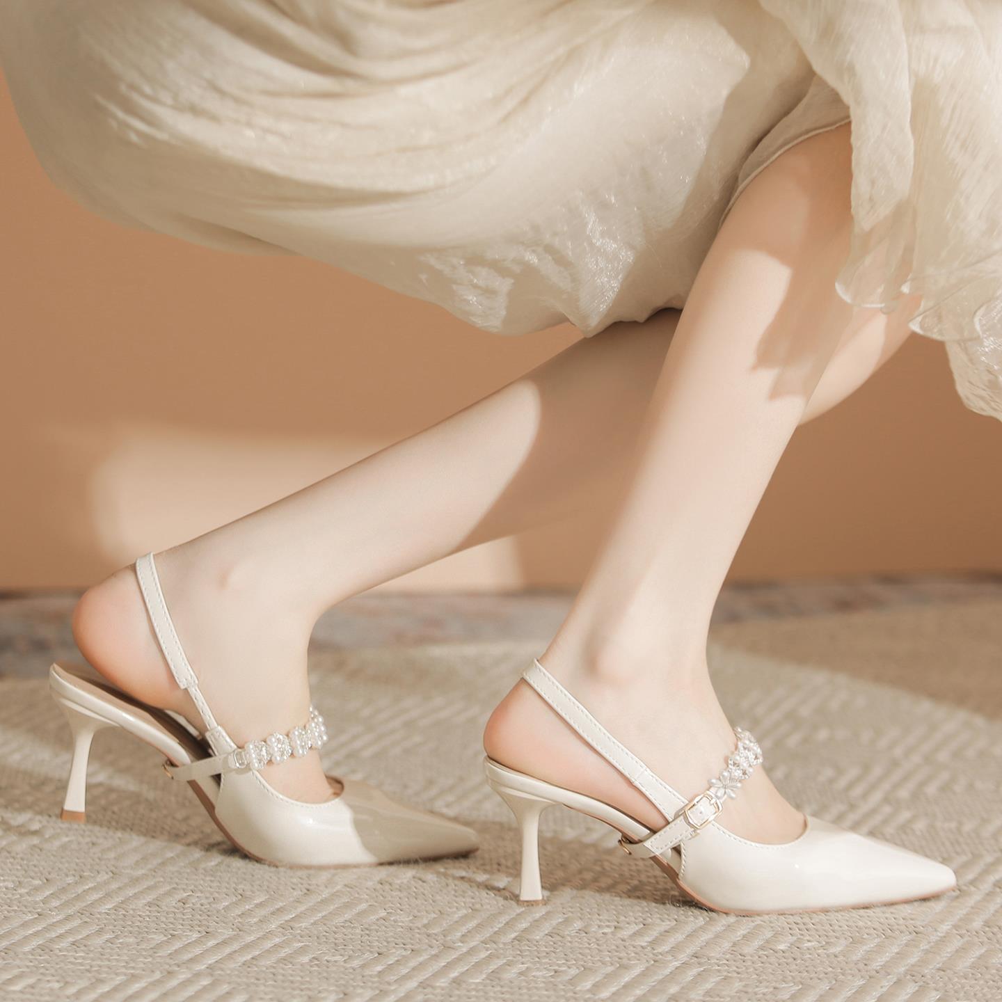 一字带包头凉鞋女夏外穿尖头单鞋细跟高跟鞋2025大码女鞋41到43