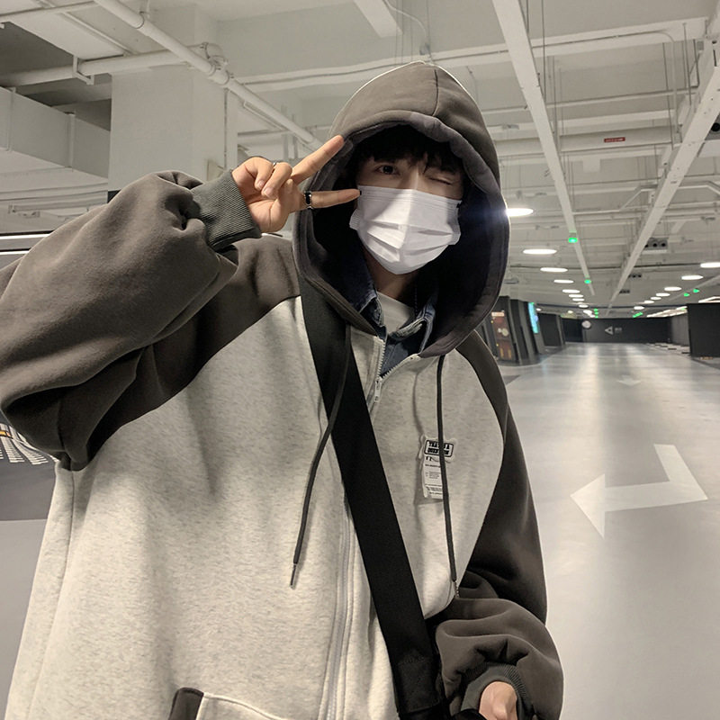 美式复古撞色插肩袖连帽卫衣男女秋冬加绒宽松慵懒风情侣外套上衣