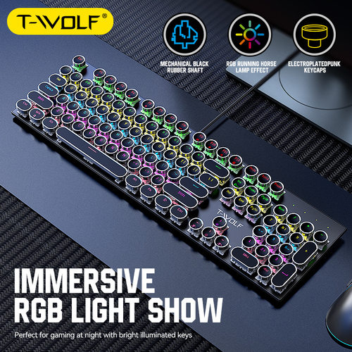 T-WOLF雷狼T75机械键盘青轴电竞游戏RGB发光朋克圆键帽金属面板