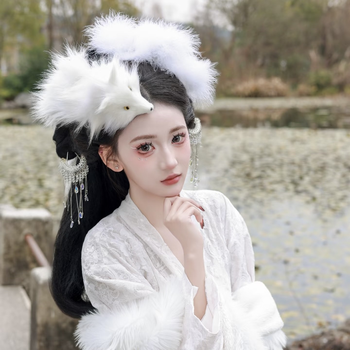 新款妲己古风头饰道具白色狐狸汉服画皮白狐影楼cos小唯狐妖发饰