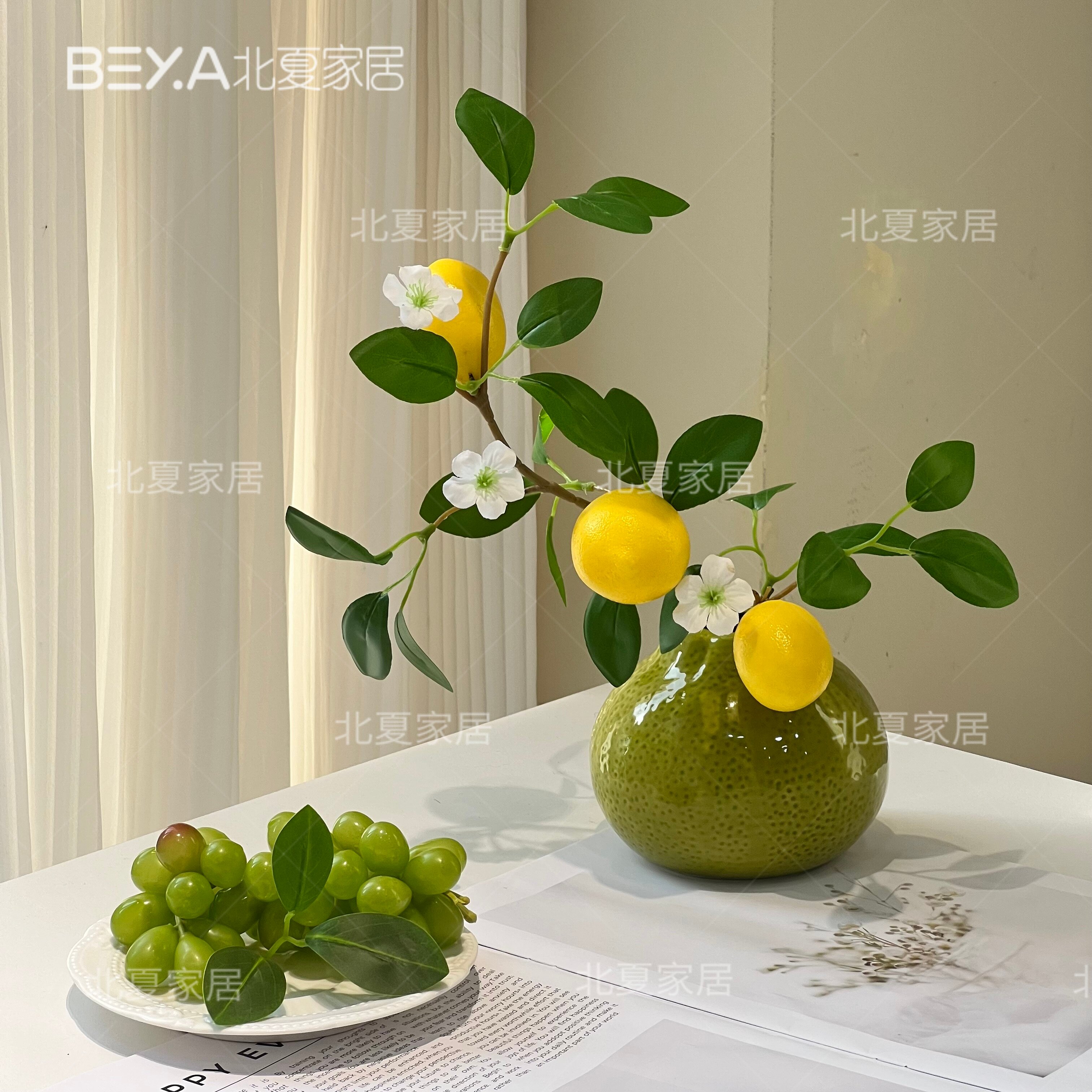 仿真柠檬果枝假花带花瓶清新黄柠檬家居装饰客厅桌面布置花艺摆件图片