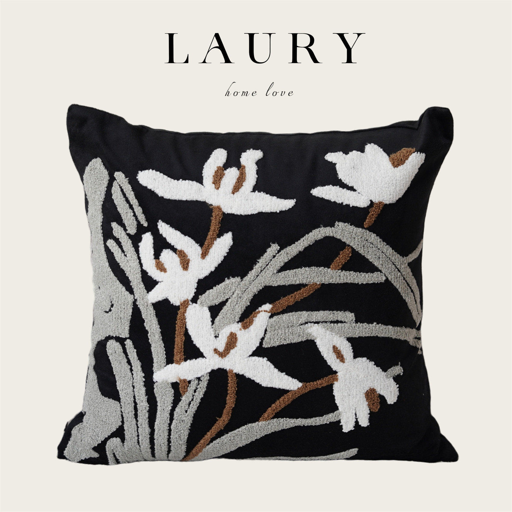 『毛巾绣黑底 兰花』中古风高级轻奢抱枕样板间客厅沙发靠垫靠枕