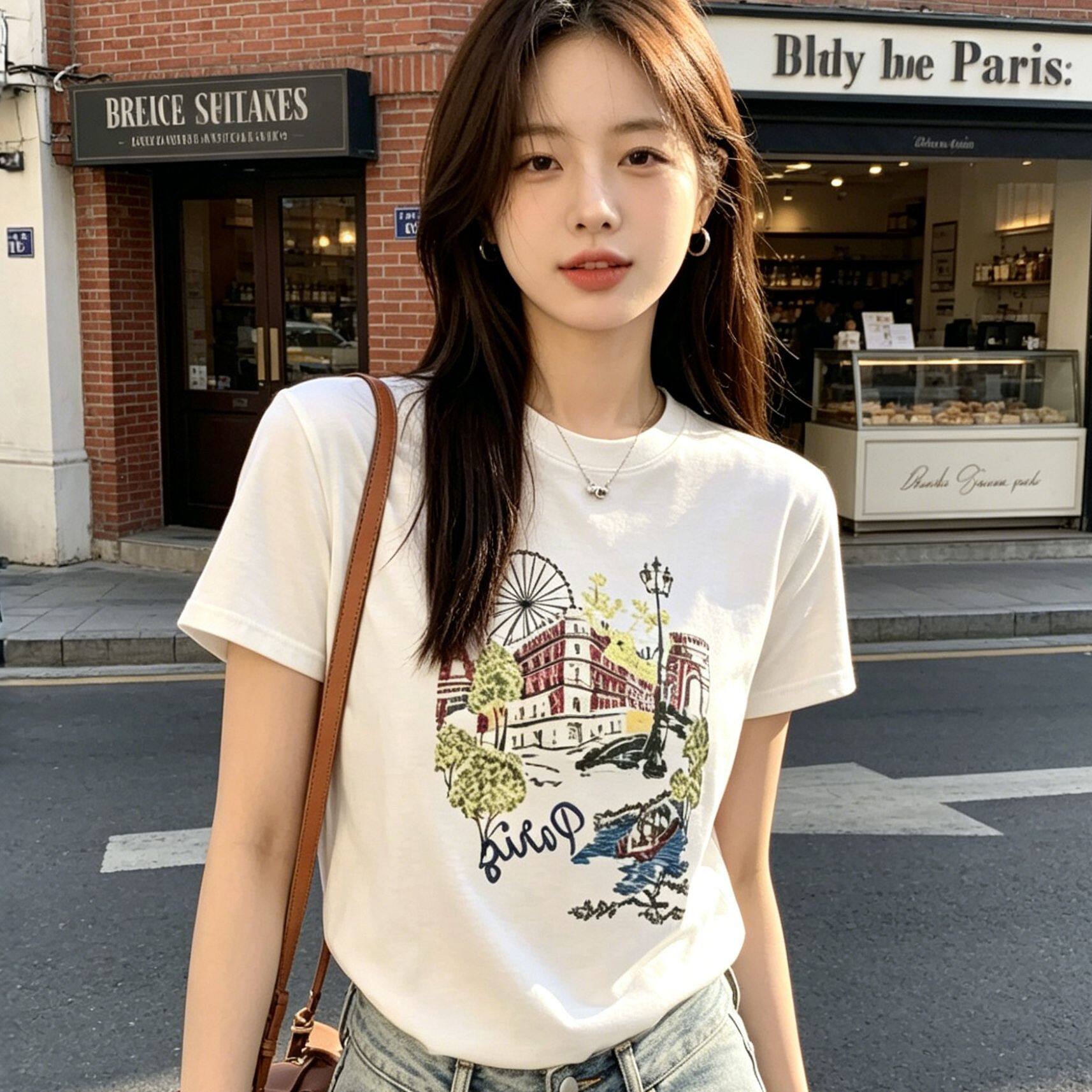 李西西【巴黎铁塔】2026新款夏季短袖T恤女款慵懒感宽松时尚百搭
