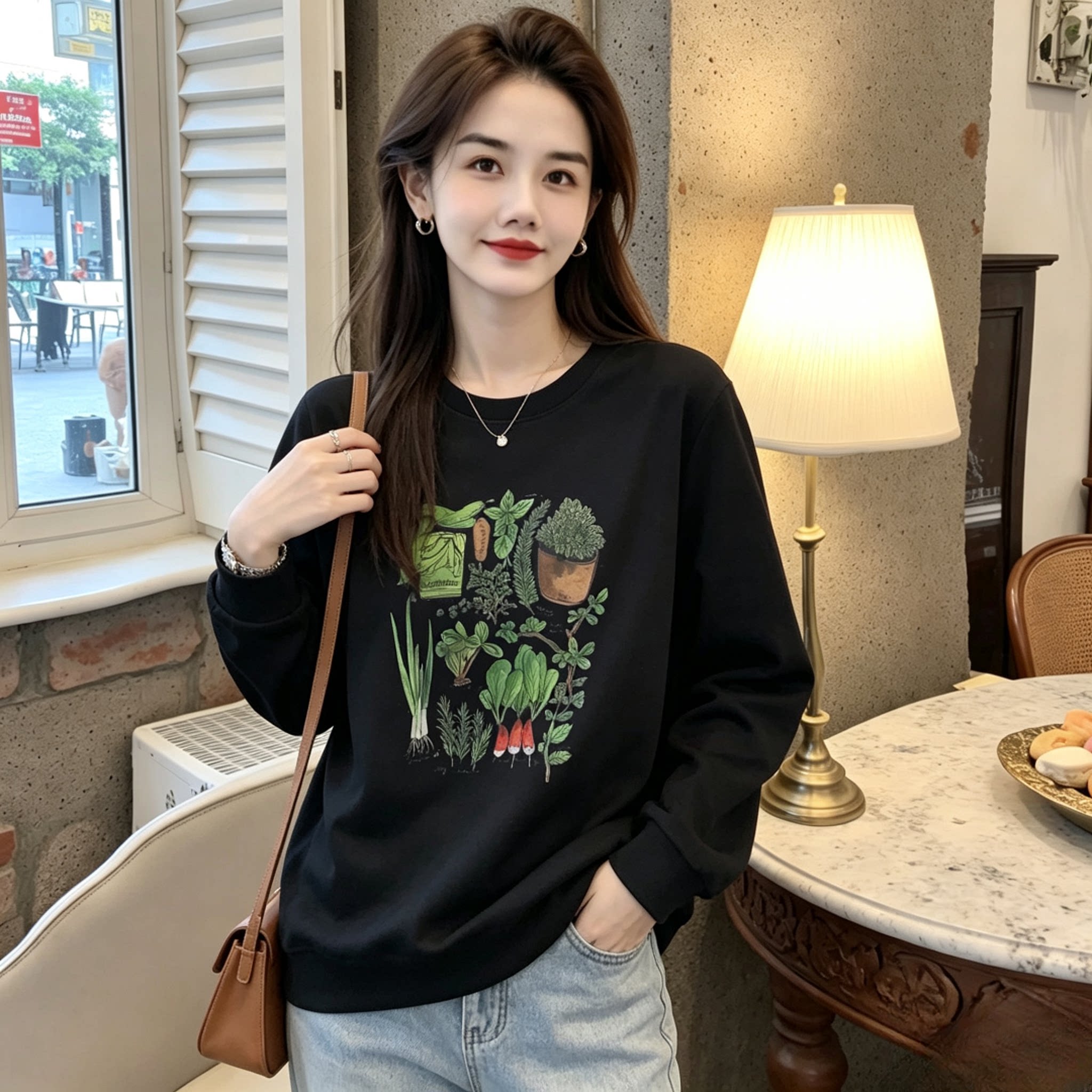 李西西【森系菜园】早秋纯棉设计感正肩卫衣打底单穿长袖时尚显瘦