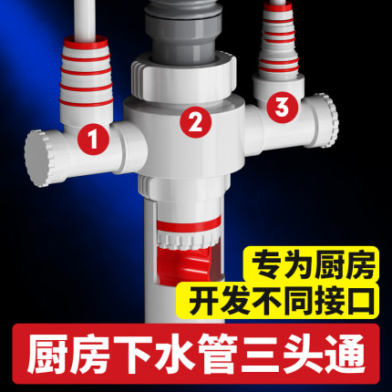 厨房下水管三通配件接头洗菜盆净水器排水管三头通50管下水道防臭
