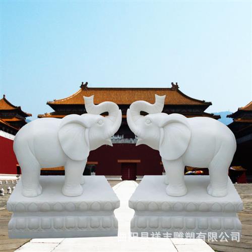 石雕象动物雕塑石摆件工艺品一对晚霞红汉白玉石象庭院酒店门口