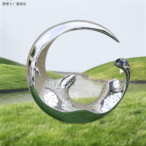 不锈钢镜面镂空发光月亮雕塑浪花圆环定制厂家酒店景观落地大摆件