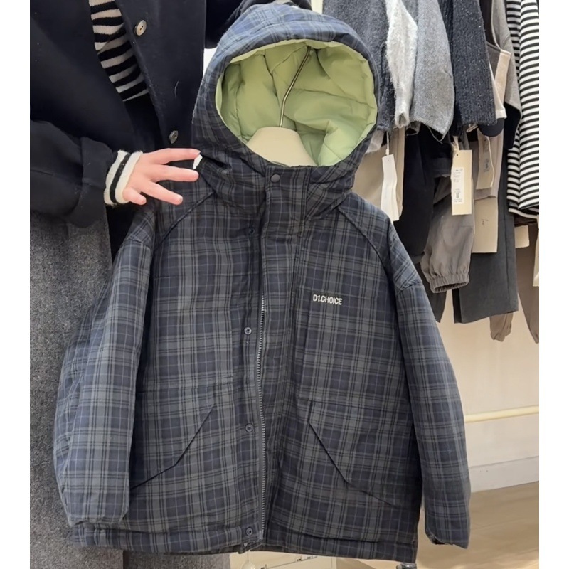 儿童棉衣格子外套秋冬季新款中大童男童百搭连帽洋气棉服上衣加厚