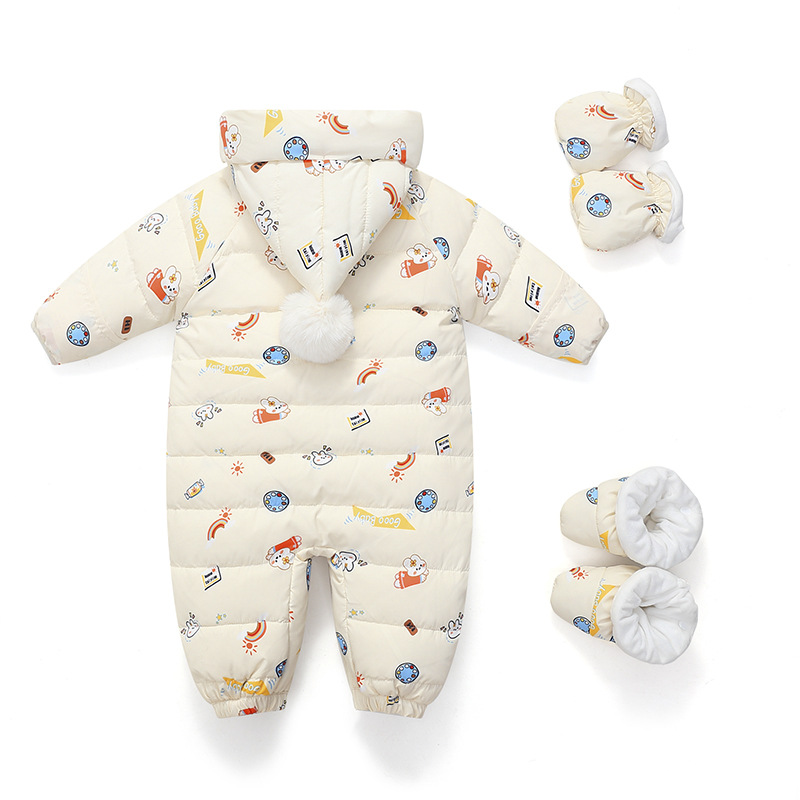 婴儿羽绒服连体衣新生儿加厚外出抱衣男女宝宝加绒卡通哈衣爬服冬