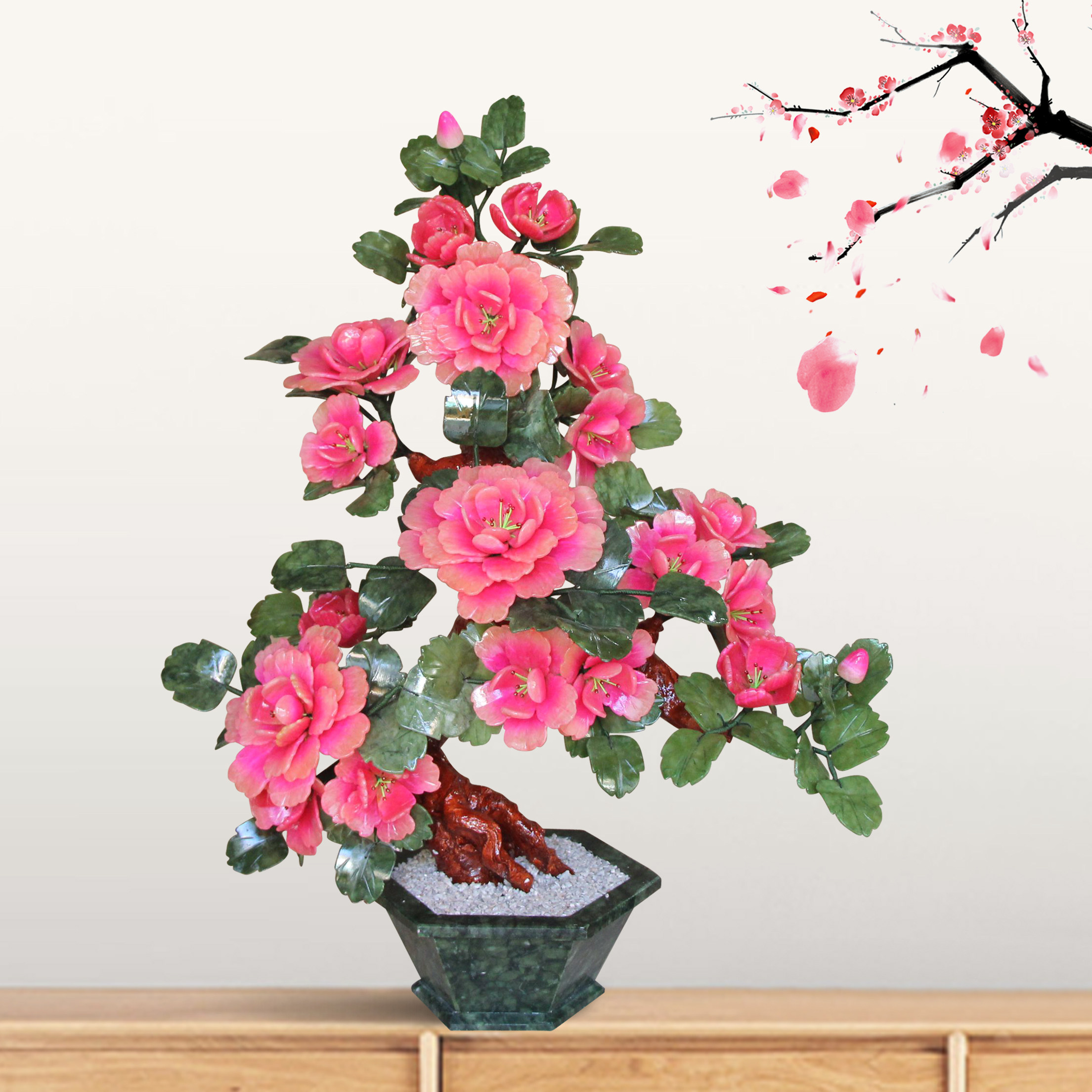 玉石雕刻牡丹花客厅玄关招财树