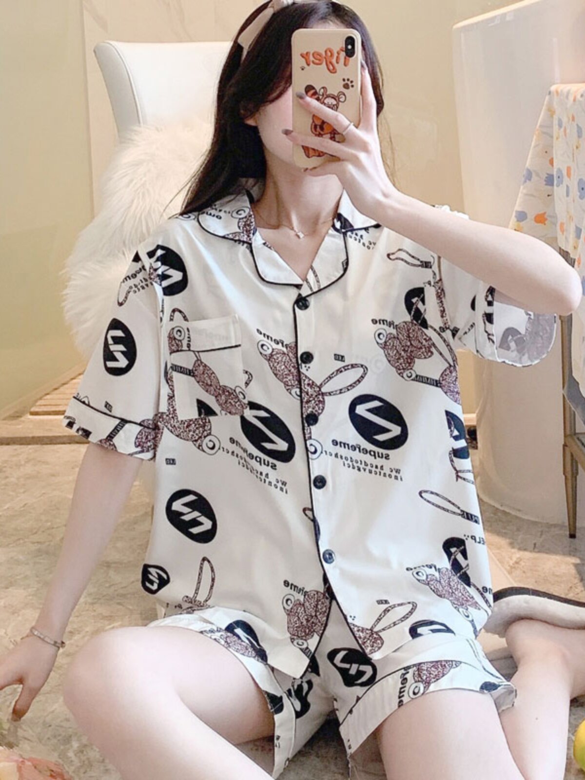 아이스 실크 코튼 반팔 출산 잠옷 여름 투피스 세트 얇은 산후 모유 수유 감금 의류 여름 의류 수유 기간 집