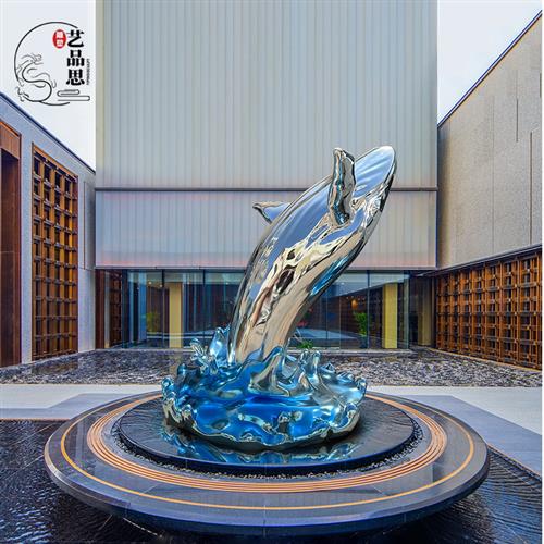 玻璃钢鲸鱼浪花雕塑不锈钢定制创意水景酒店门厅海洋动物摆件装饰