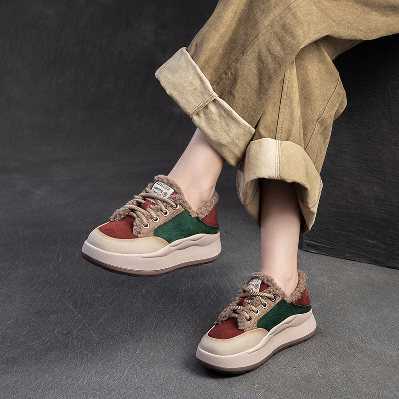 冬季新款加绒保暖拼色棉鞋时尚低帮头层牛皮舒适女鞋加厚增高休闲
