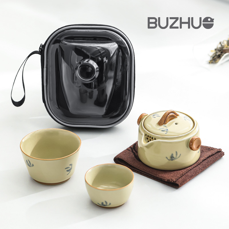 手绘户外汝窑旅行茶具套装便携式泡茶壶茶杯一人饮快客杯一壶两杯