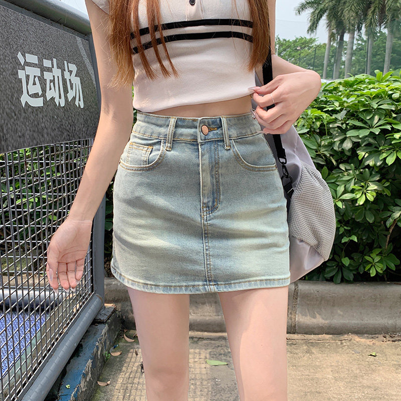 复古蓝牛仔半身裙女夏新款韩版高腰辣妹弹力紧身包臀A字短裙