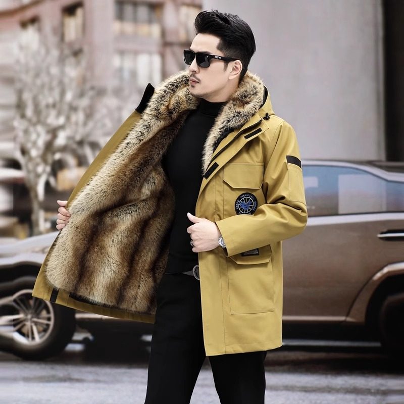 派克服男士中长款加绒加厚冬季金貂绒皮毛一体可拆卸连帽皮草外套,男装,皮草,淘宝优惠券,粉丝福利购,淘宝优惠卷